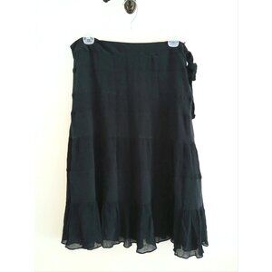 100% Silk Black Tiered Midi Skirt Crinkle Chiffon Ruffle Fairycore Women's 12